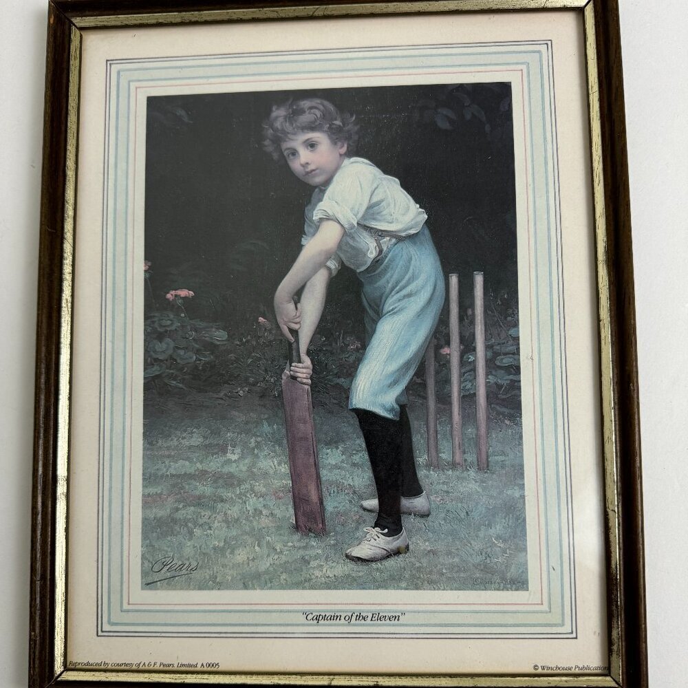 Vintage Pears Reproduction "Captain of the Eleven" Boy Cricket Player  Framed